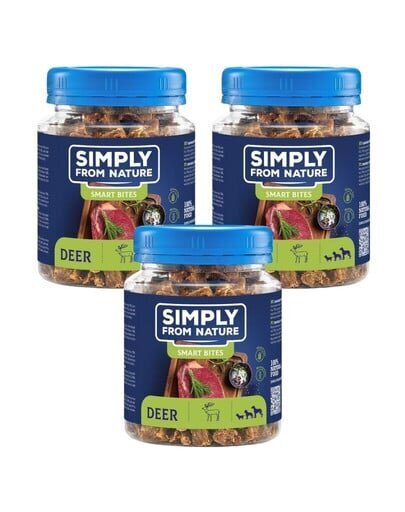 Simply From Nature Smart Bites hirvenlihalla, 3 x 130 g hinta ja tiedot | Koiran herkut | hobbyhall.fi