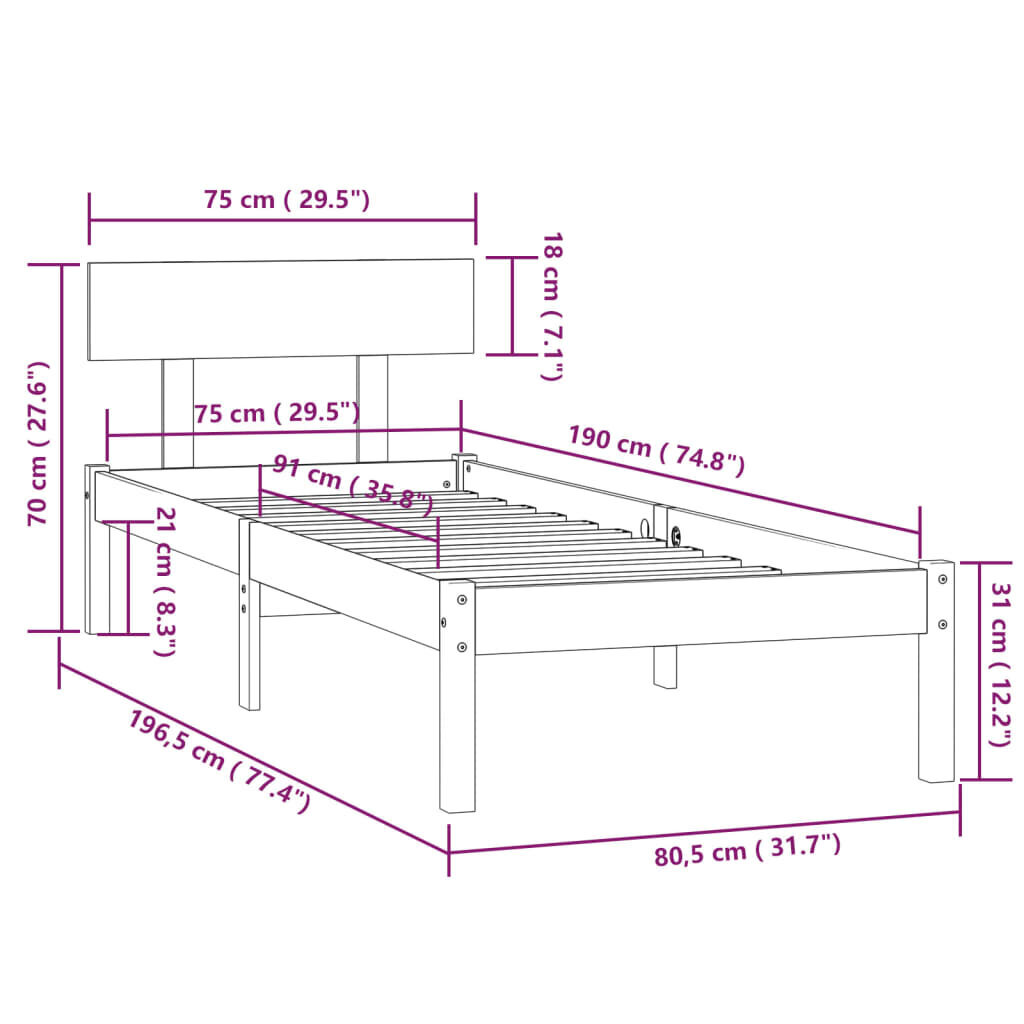 vidaXL Sängynrunko, musta, 75x190cm, massiivimänty, yksi hinta ja tiedot | Sängyt | hobbyhall.fi