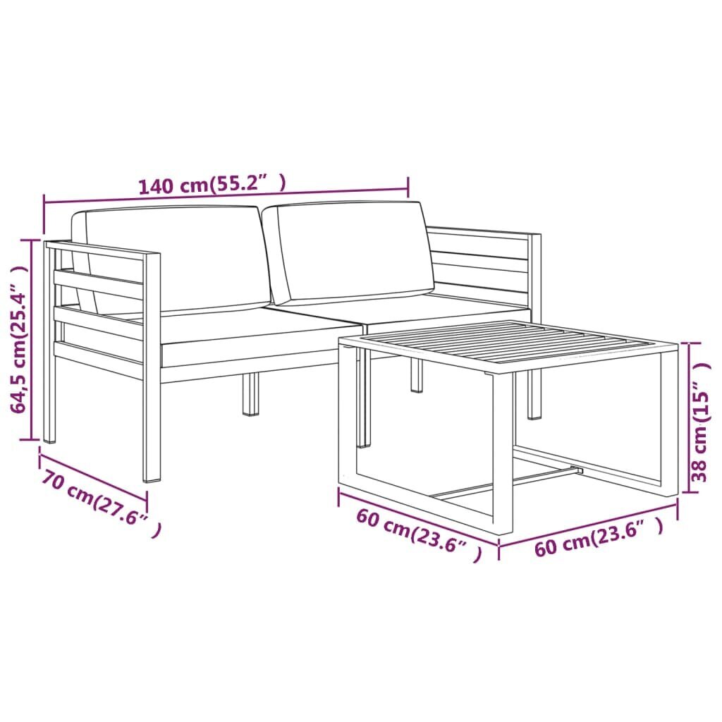 vidaXL Puutarhasetti tyynyillä, 3-osainen, antrasiitti, alumiini hinta ja tiedot | Puutarhakalusteet | hobbyhall.fi