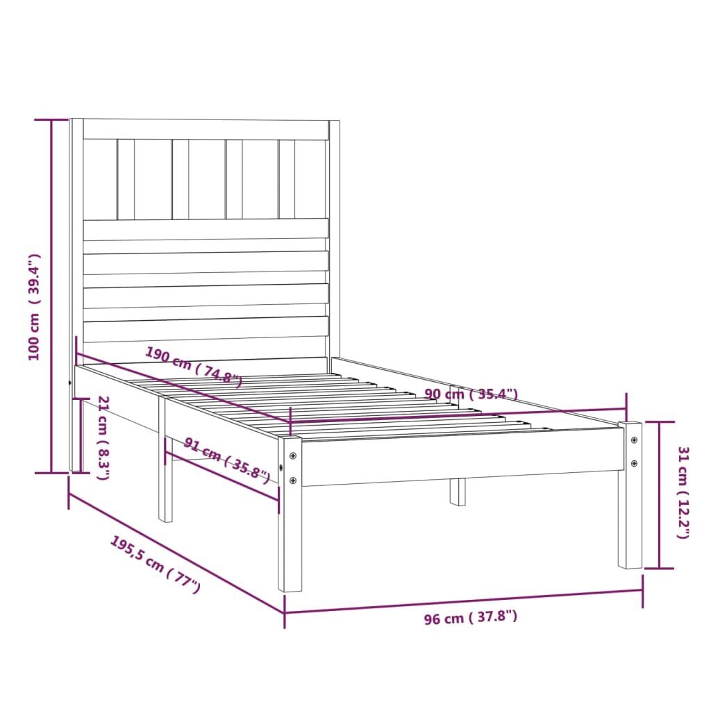 vidaXL Sängynrunko, valkoinen, 90x190cm, massiivimänty, yksittäinen hinta ja tiedot | Sängyt | hobbyhall.fi