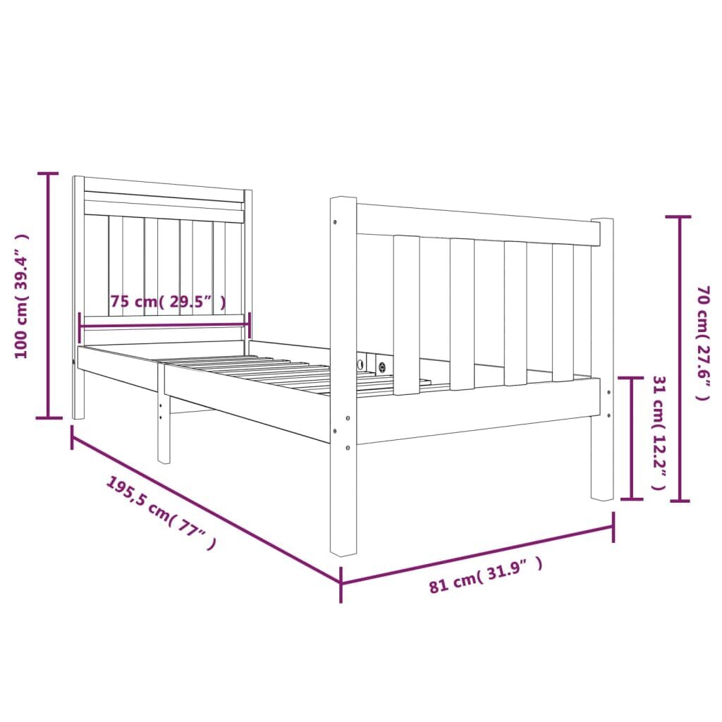 vidaXL Sängynrunko, valkoinen, 75x190cm, massiivipuu, yksittäinen hinta ja tiedot | Sängyt | hobbyhall.fi