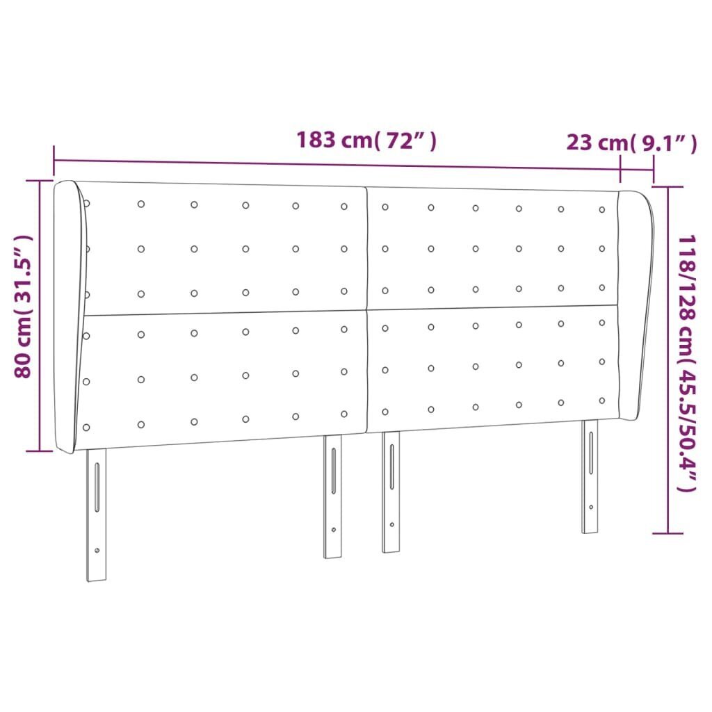 vidaXL pääty korvilla, harmaa, 183x23x118/128cm, samettia hinta ja tiedot | Sängyt | hobbyhall.fi