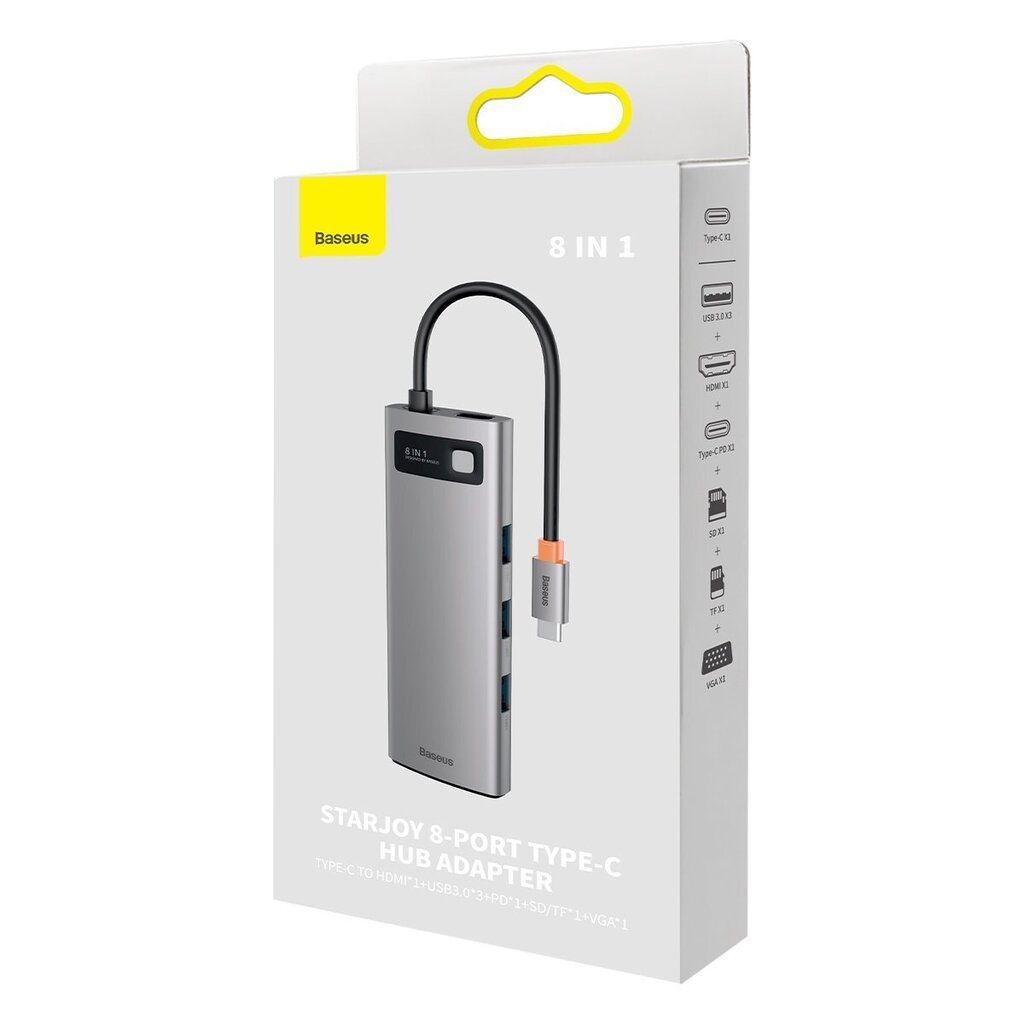 Telakointiasema, 8in1, Baseus HUB, USB-C 1xHDMI, 3xUSB 3.2, 1xPower Delivery, SD-kortinlukija, TF-kortinlukija, VGA, harmaa hinta ja tiedot | Adapterit | hobbyhall.fi