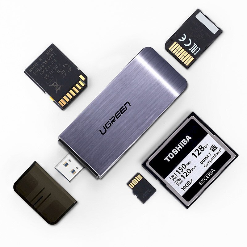 Muistikortinlukija, Ugreen, SD / micro SD / CF / MS USB 3.0 pistoke, harmaa hinta ja tiedot | Adapterit | hobbyhall.fi