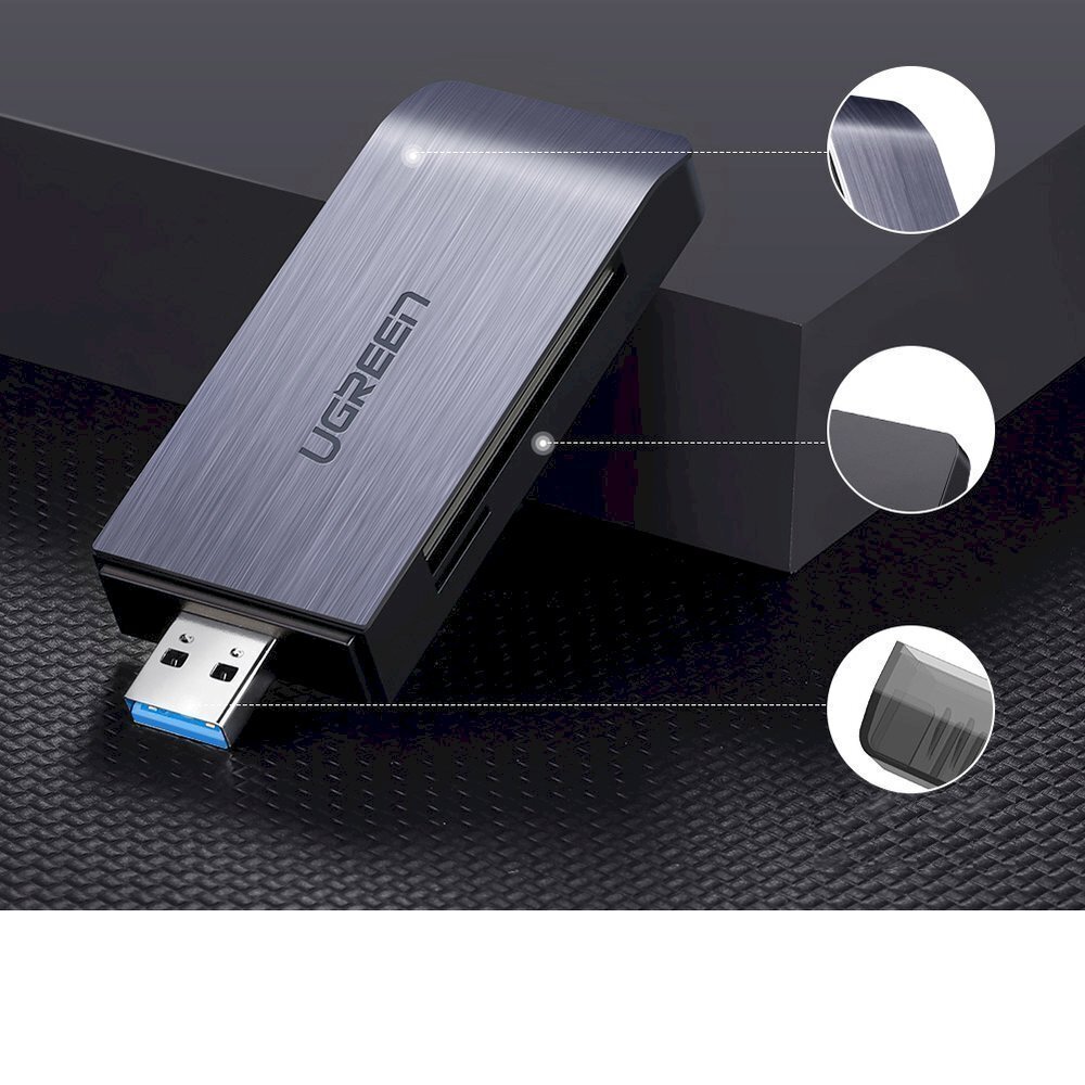 Muistikortinlukija, Ugreen, SD / micro SD / CF / MS USB 3.0 pistoke, harmaa hinta ja tiedot | Adapterit | hobbyhall.fi