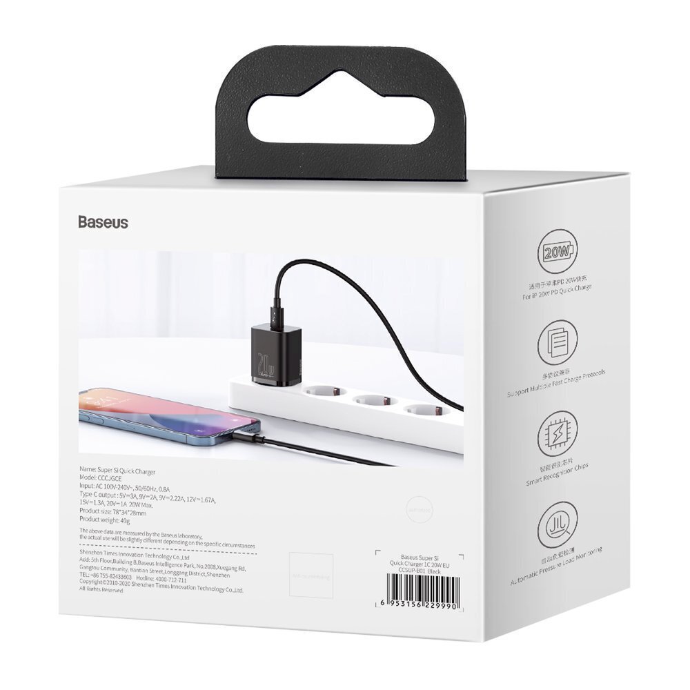 Pikalaturi, Baseus Super Si 1C, USB-C, 20 W., musta hinta ja tiedot | Puhelimen laturit | hobbyhall.fi