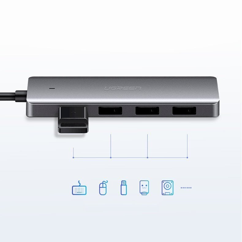 USB-C-jakaja USB-C-virtaportilla, Ugreen, 4x USB 3.2 , harmaa hinta ja tiedot | Adapterit | hobbyhall.fi