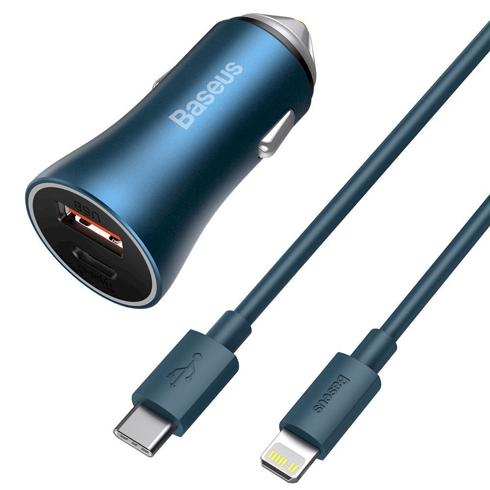 Nopea autolaturi, Baseus CCJDZ-C1, 40 W., PD QC, USB-C/USB, iPhone-kaapeli, sininen hinta ja tiedot | Sähköiset lisätarvikkeet | hobbyhall.fi