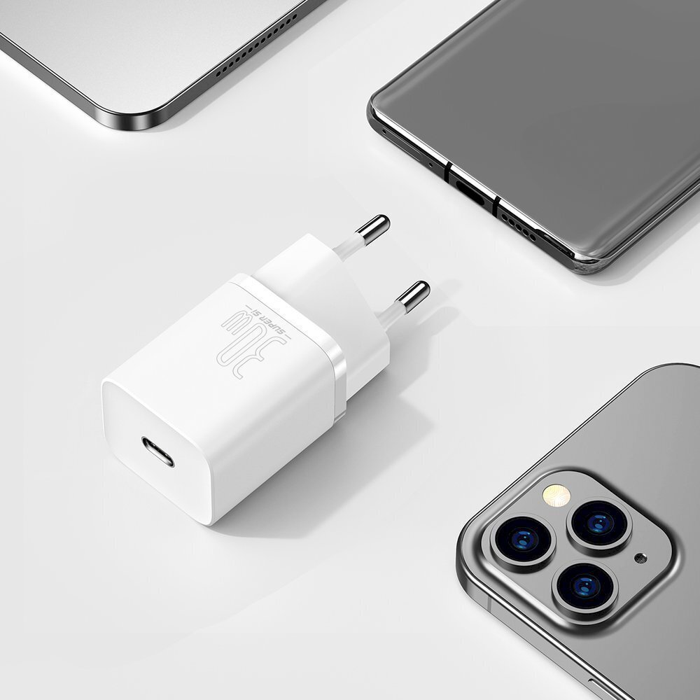 Erittäin nopea verkkovirtalaturi, Baseus Si 1C1, USB-C, 30 W., PD QC, valkoinen hinta ja tiedot | Puhelimen laturit | hobbyhall.fi