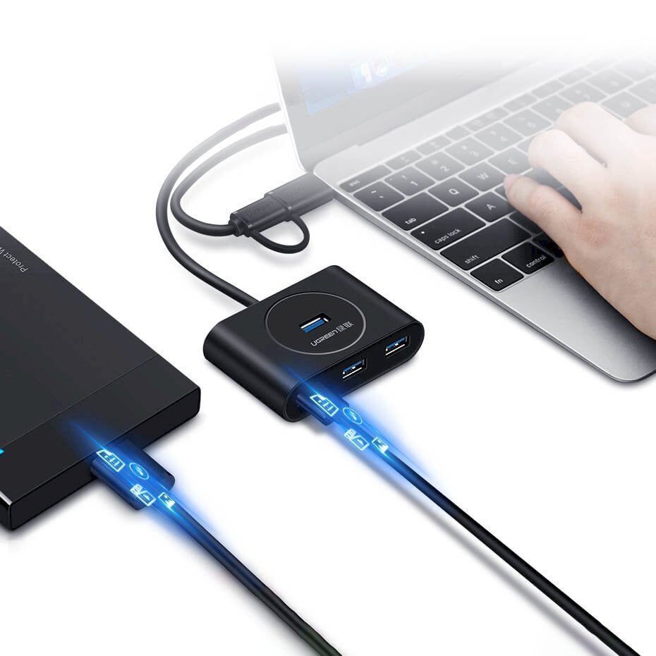 Monikäyttöinen HUB USB-portin jakaja, Ugreen, 4x USB 3.0, 1 m, valkoinen hinta ja tiedot | Adapterit | hobbyhall.fi