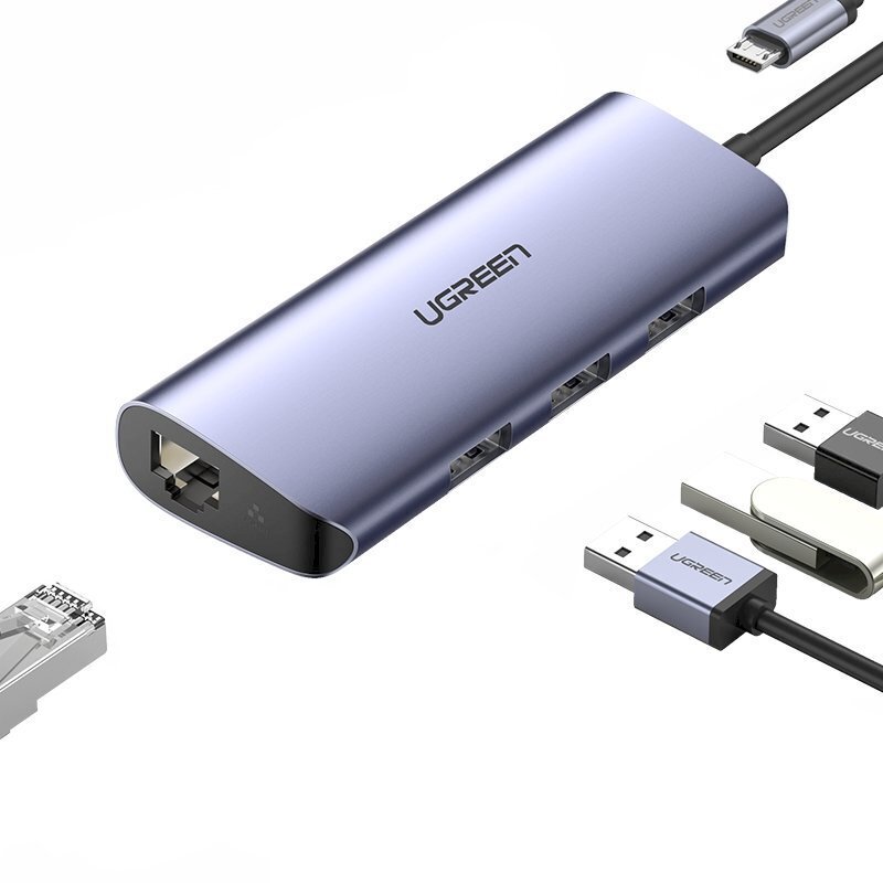 Monikäyttöinen HUB-sovitin Splitter, Ugreen, USB-C - 3x USB, RJ-45 micro, USB harmaa hinta ja tiedot | Adapterit | hobbyhall.fi