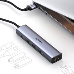 Monikäyttöinen HUB-sovittimen jakaja, Ugreen, USB 3.0 - 3x USB, Ethernet RJ-45 USB-C PD, harmaa hinta ja tiedot | Adapterit | hobbyhall.fi