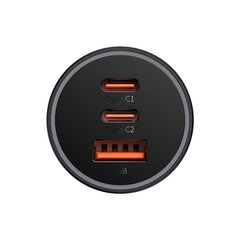 Autolaturi, Baseus CCJDZ65-UC1, USB + 2x USB-C, 65 W., tummanharmaa hinta ja tiedot | Sähköiset lisätarvikkeet | hobbyhall.fi