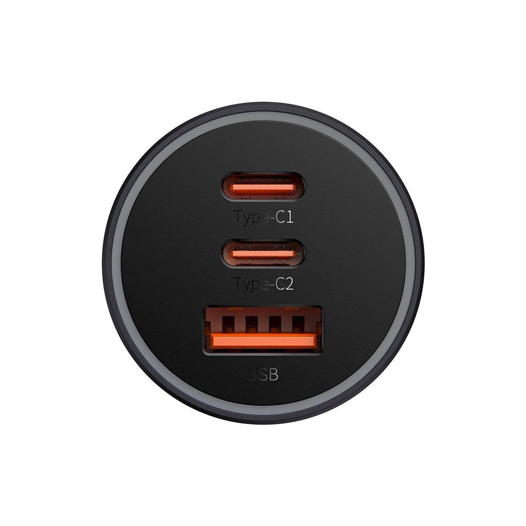 Autolaturi, Baseus CCJDZ65-UC1, USB + 2x USB-C, 65 W., tummanharmaa hinta ja tiedot | Sähköiset lisätarvikkeet | hobbyhall.fi