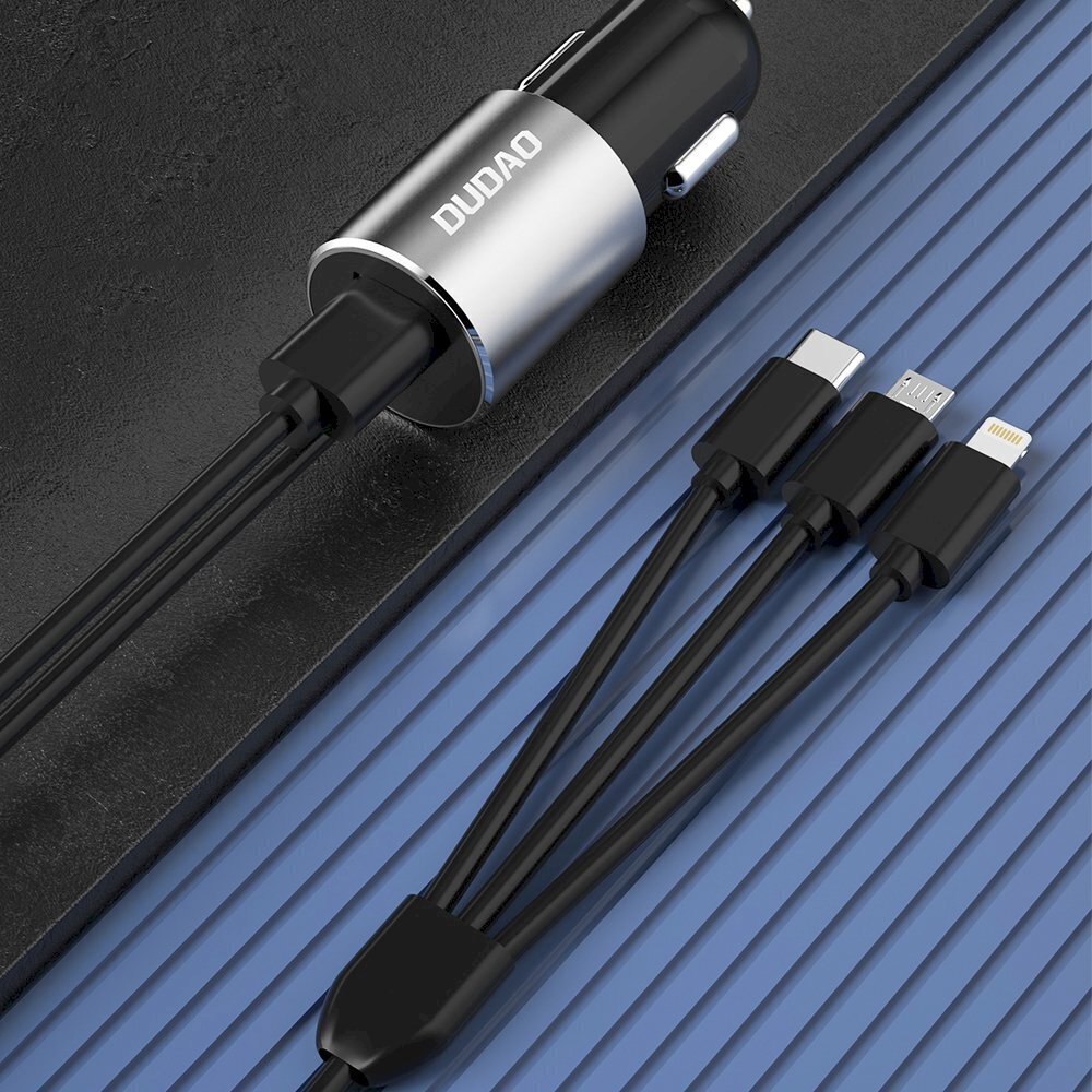 USB-autolaturi, 3in1, Dudao, sisäänrakennetulla Lightning USB-C micro USB-kaapelilla, musta hinta ja tiedot | Sähköiset lisätarvikkeet | hobbyhall.fi