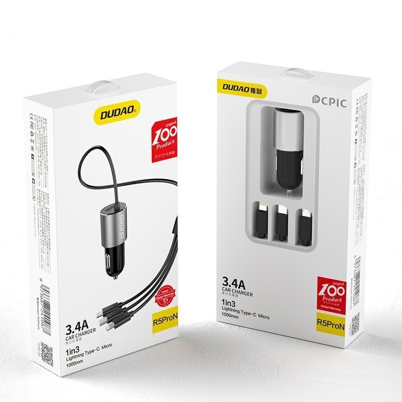 USB-autolaturi, 3in1, Dudao, sisäänrakennetulla Lightning USB-C micro USB-kaapelilla, musta hinta ja tiedot | Sähköiset lisätarvikkeet | hobbyhall.fi