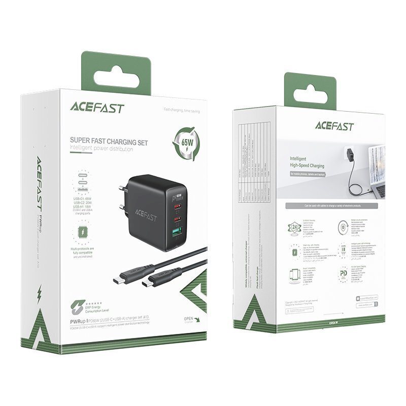 Laturi, 2in1, Acefast, 2x USB-C, 65 W., USB-C-kaapelilla, musta hinta ja tiedot | Puhelimen laturit | hobbyhall.fi