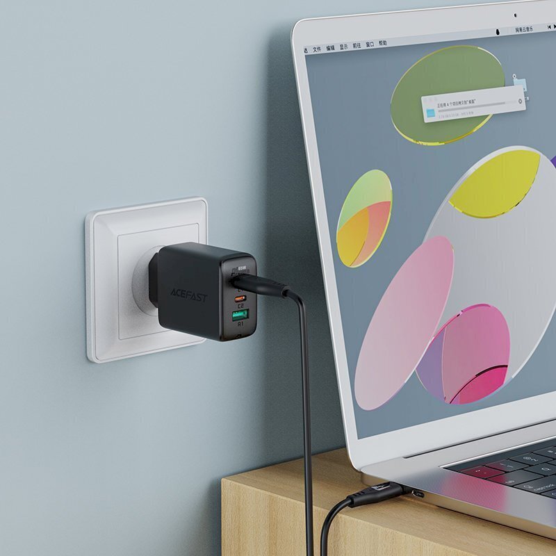 Laturi, 2in1, Acefast, 2x USB-C, 65 W., USB-C-kaapelilla, musta hinta ja tiedot | Puhelimen laturit | hobbyhall.fi