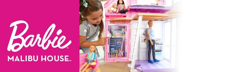 Barbie Malibu House 2-kerroksinen, 6-huoneen nukkekoti muunnosominaisuuksilla, plus 25 kappaletta