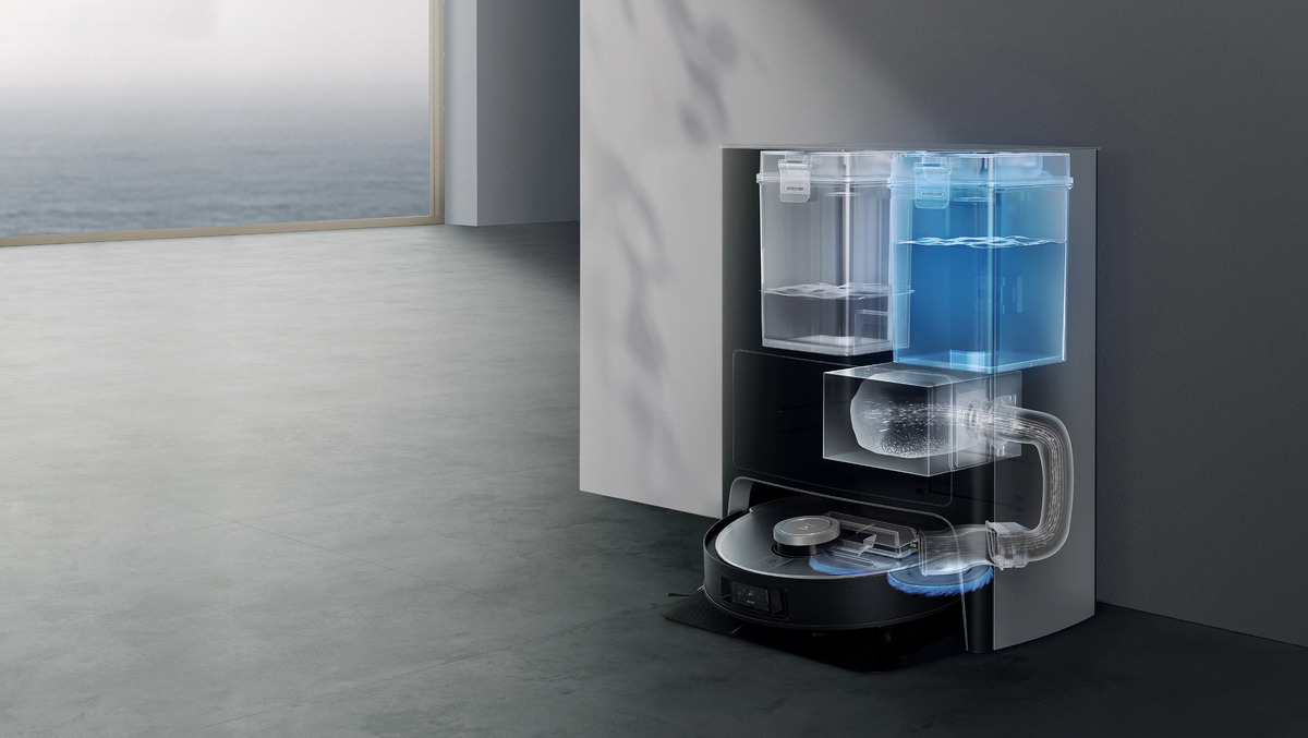 An illustration showing the cleaning and emptying mechanisms inside the OMNI auto emptying station of Ecovacs Deebot X1 Omni robotic vacuum cleaner