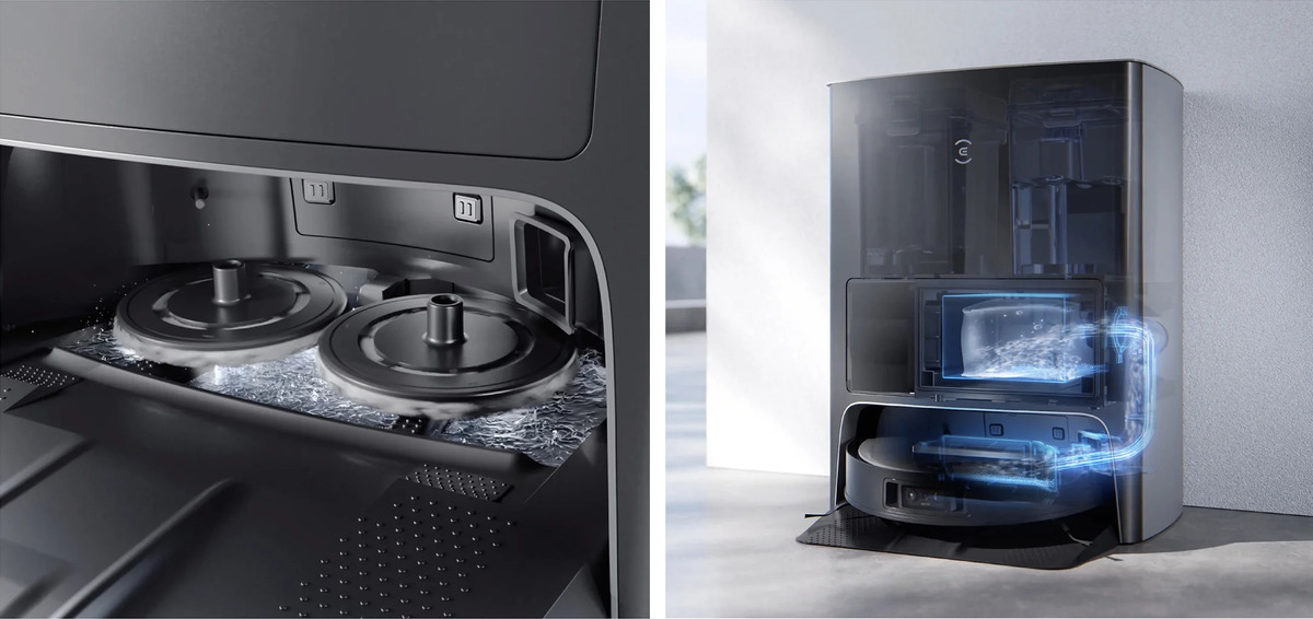 Two illustrations side by side, on the left is an image showing how the Omni auto emptying station cleans the mopping cloths of the Ecovacs Deebot X1 Omni robotic vacuum cleaner, on the right an image illustrating how it empties the dust bin of the robotic vacuum cleaner