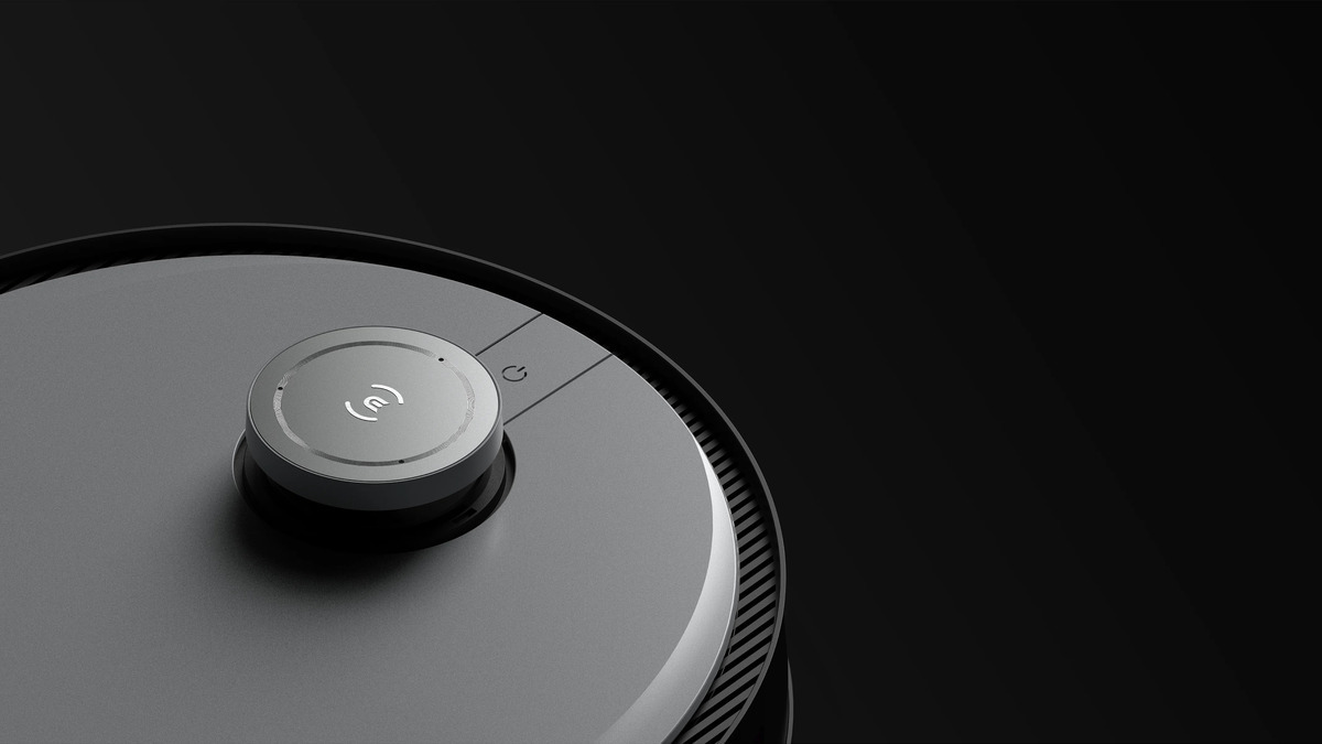 An illustration and a close up of the top of the Ecovacs Deebot X1 Omni robotic vacuum cleaner against a black background