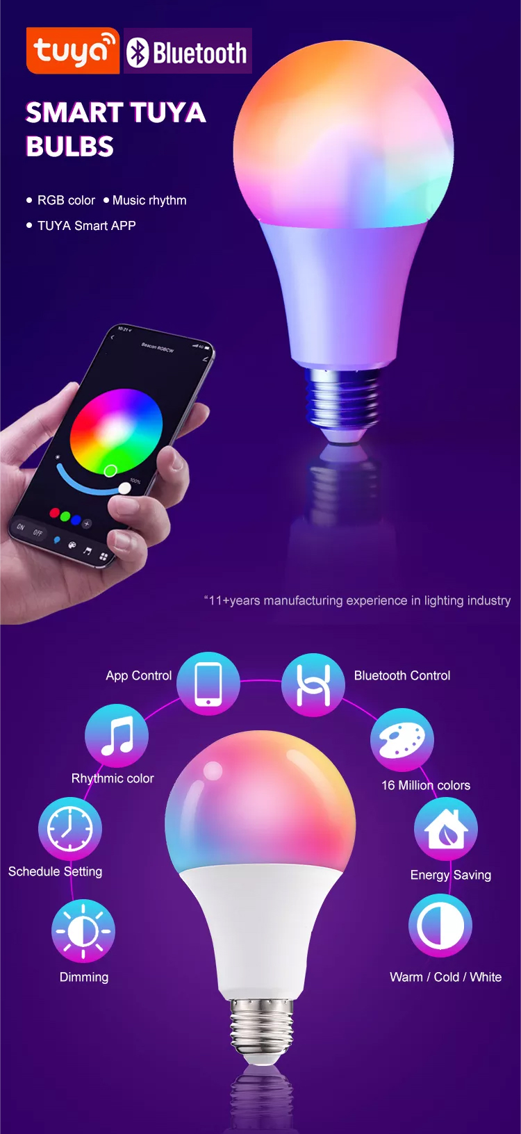 Fxpot Smart Led Light Multi Color Changing Lamp 10W E26 E27 B22 RGB Dimmable Led Tuya BT Smart Bulb