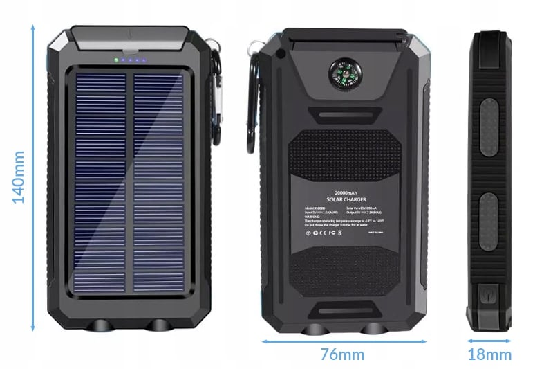 VAHVA SOLAR POWERBANK 20000mAh 2xUSB LED TORCH Kotelon materiaali kumi muovi erilainen