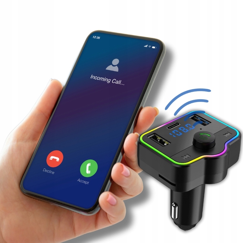 BLUETOOTH 5.0 -lähetin AUTOlle MICRO SD FM LATURI 2xUSB C TYYPPI-C FAST Malli FM MESSAGE BT Handsfree