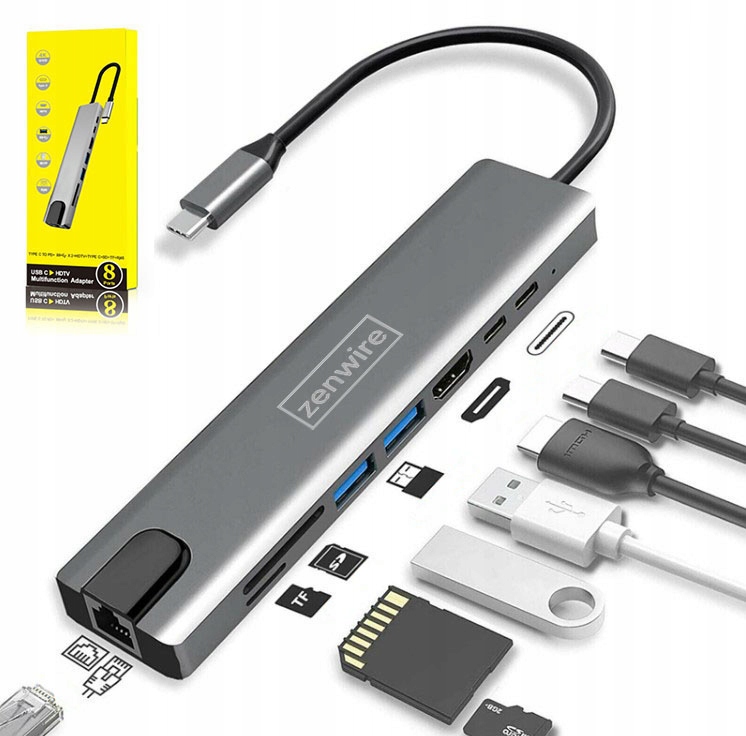 ADAPTER HUB 9in1 USB-C HDMI RJ45 Ethernet SD Mac M1