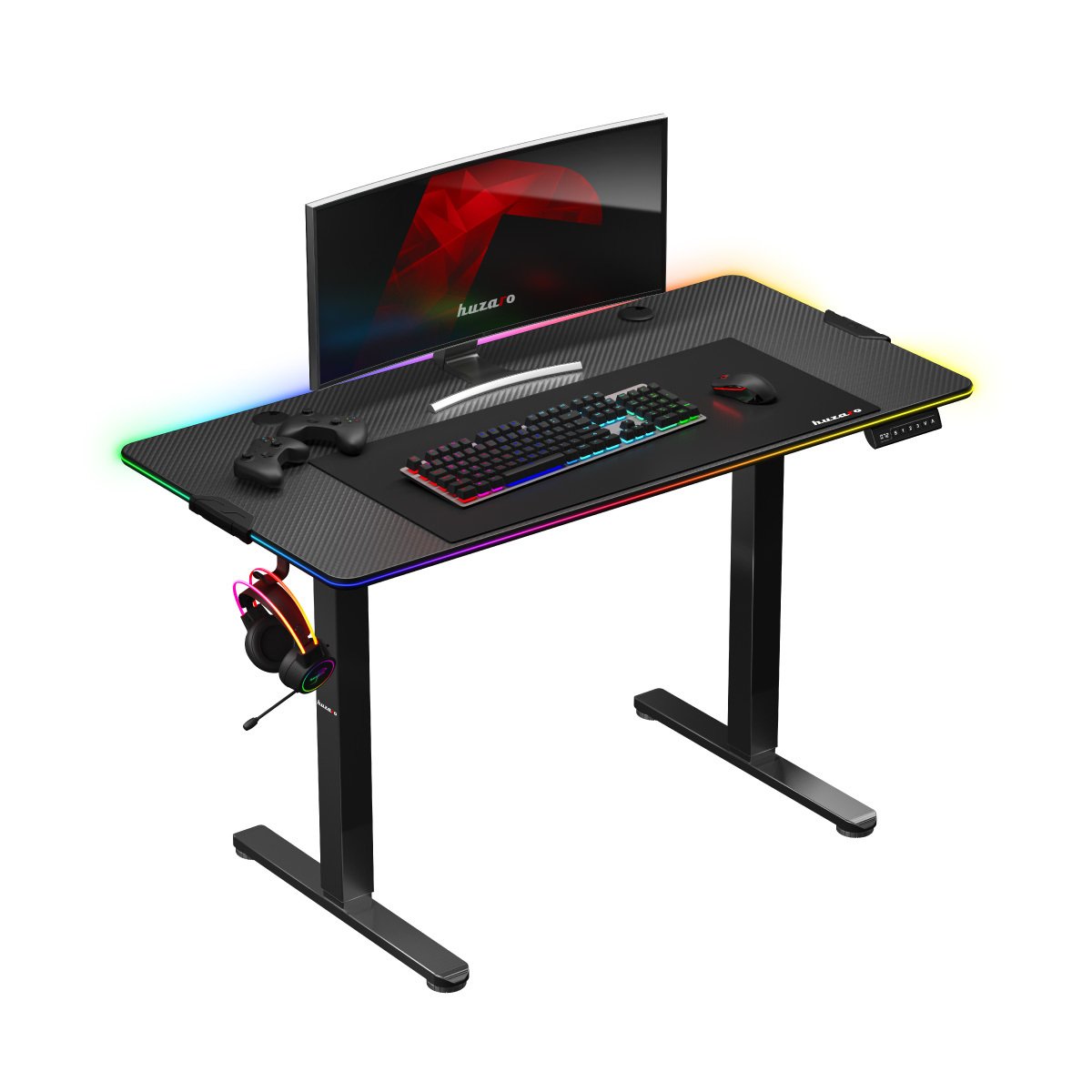 Elektryczne biurko gamingowe Huzaro Hero 8.2 RGB z peryferiami komputerowymi na blacie