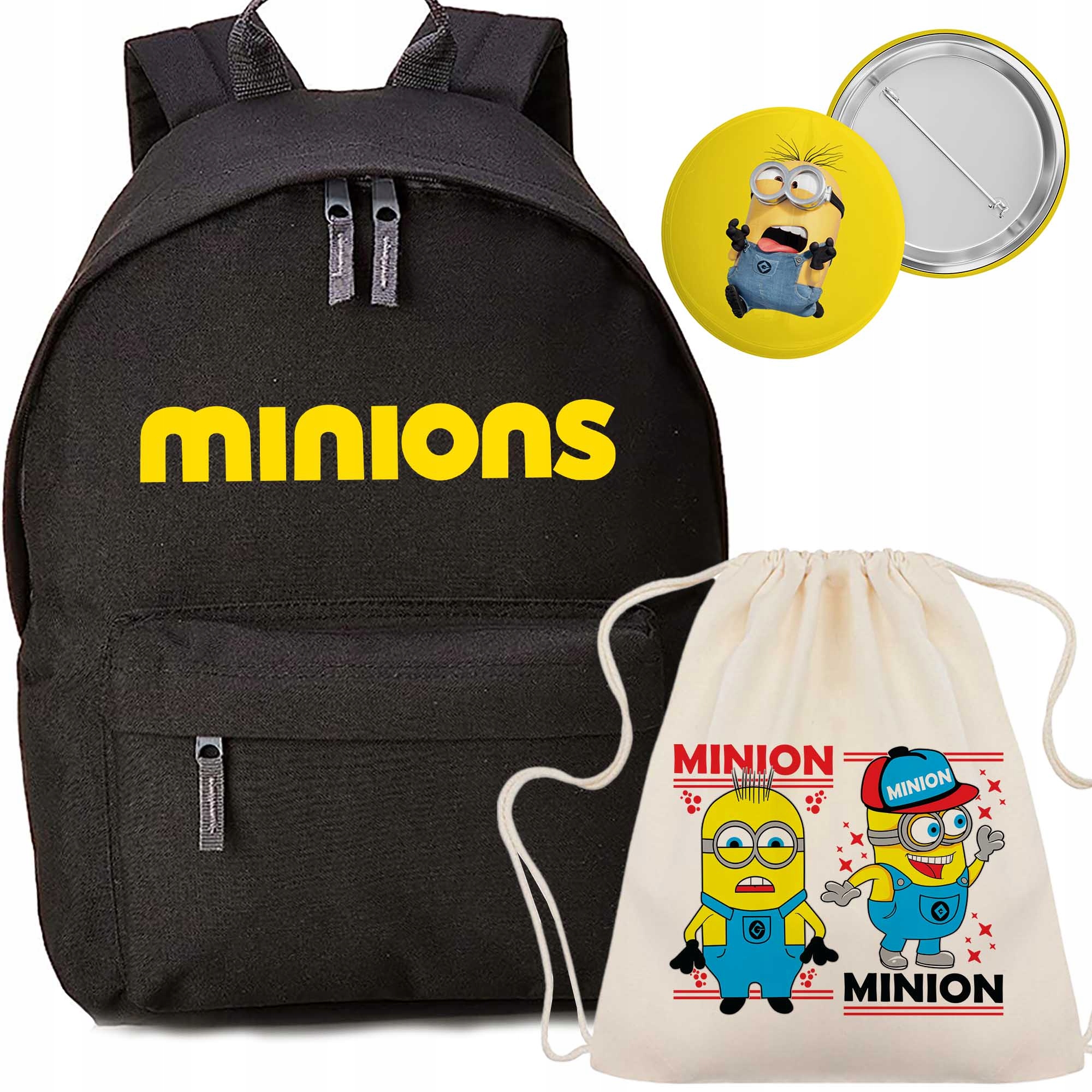 Mokyklinis rinkinys Juoda kuprinė + krepšys + MINIONS Pin School Layette