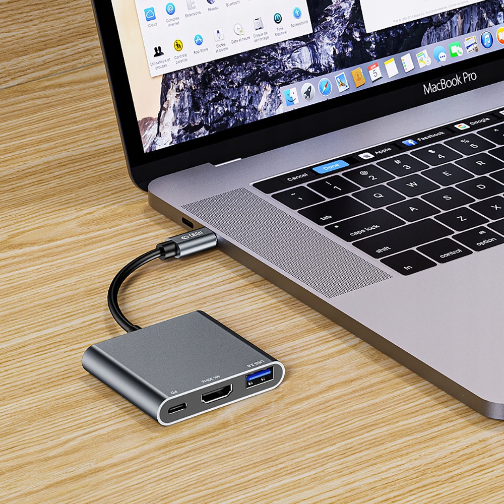 ADAPTERIS KEBUKLAS HDMI 4K THUNDERBOLT 3 TYPE-C 100W, skirtas MACBOOK IPAD PRO AIR 2024 Prievadų skaičius 3