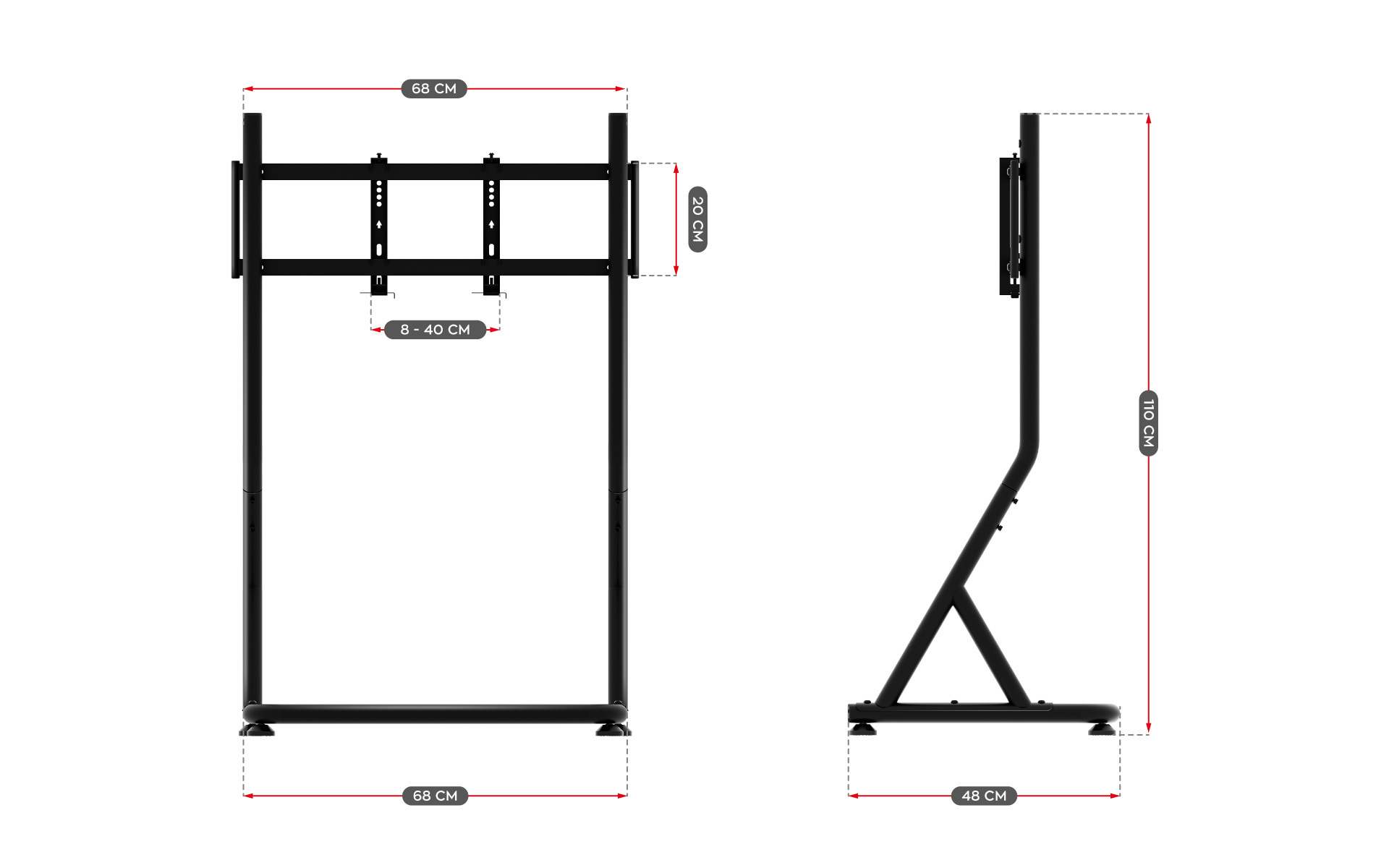 Wymiary fotela stojaka na monitora Speed 9.1