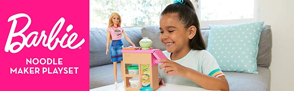 Barbie nuudeli Bar Playset kanssa Blonde Doll, työasema, 2 valkoinen ja vihreä taikina kontti